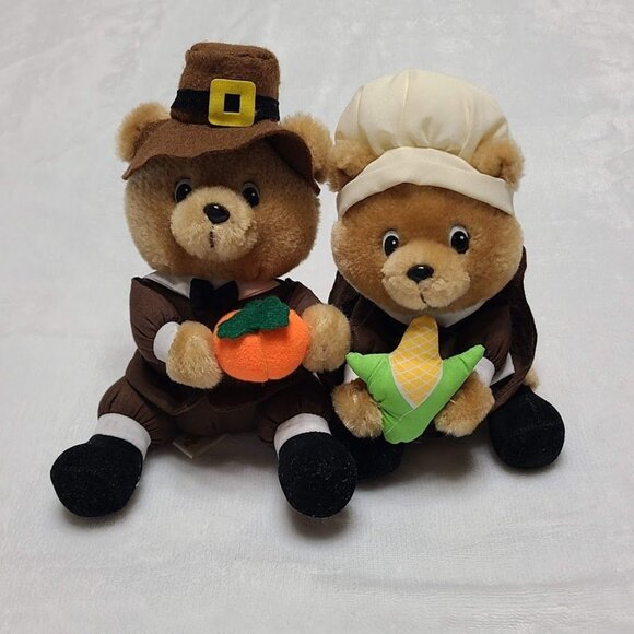 Vintage Russ Berrie Thanksgiving Pilgrim Bear Set Priscilla John Plush Dolls 8" - Picture 2 of 10